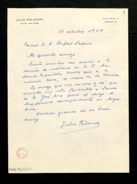 Carta de Julio Palacios a Rafael Lapesa en la que excusa su asistencia a la reunión del día sigui...