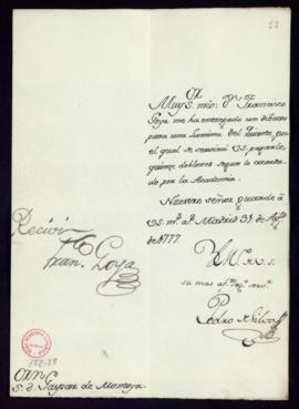 Orden de Pedro de Silva a Gaspar de Montoya del pago a Francisco de Goya de 15 doblones por un di...