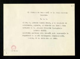 Copia del besalamano de Lorenzo García, oficial de la Secretaría de la Academia, a Antonio Maseda...
