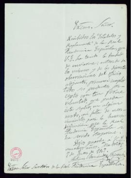 Carta de Antonio Hernández Fajarnés al secretario [Mariano Catalina] de acuse de recibo de los Es...