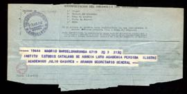 Telegrama del secretario general del Instituto de Estudios Catalanes, Ramón Aramón, al director d...