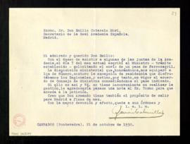 Carta de Ramón Cabanillas a Emilio Cotarelo para que interceda ante el ministro Tormo y acceda a ...