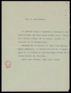 Minuta de la carta del secretario a Juan Moneva en la que le comunica que se le han enviado el to...