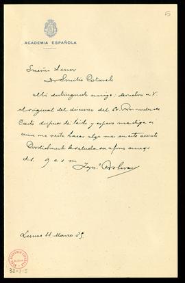 Carta de Ignacio Bolívar a Emilio Cotarelo con la que le devuelve el discurso de Salvador Bermúde...