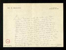 Carta de Gregorio Marañón a Melchor Fernández Almagro en la que le dice que ha tenido la oportuni...