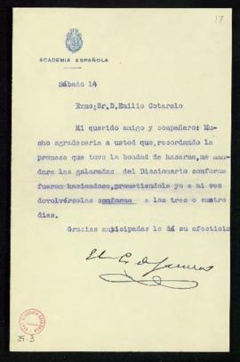 Carta del conde de Gimeno a Emilio Cotarelo en la que le pide que le mande las galeradas del Dicc...
