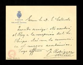 Nota de Francisco Rodríguez Marín a Emilio Cotarelo para comunicarle que el rey Alfonso XIII no a...