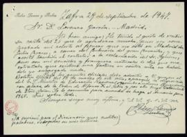 Carta de Pedro Lemus a Lorenzo García en la que acusa recibo de su carta y le indica que tras la ...