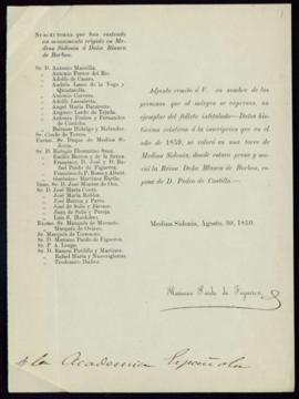 Carta de Mariano Pardo de Figueroa con la que remite el folleto Datos históricos relativos a la i...