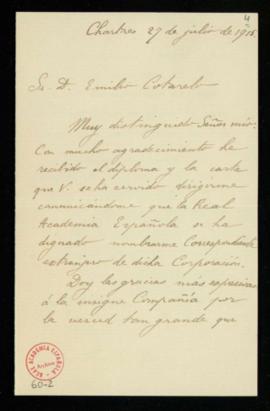 Carta de Adolphe Coster a Emilio Cotarelo de acuse de recibo de su carta y del diploma de académi...