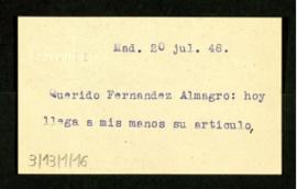 Tarjeta de visita de Azorín a Melchor Fernández Almagro en la que le agradece su artículo publica...