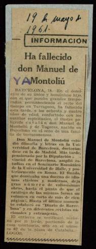 Recorte del diario Ya con la noticia del fallecimiento de Manuel de Montoliú