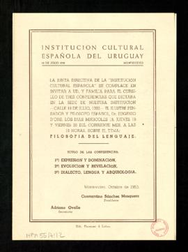 Invitación de la junta directiva de la Institución cultural española del Uruguay a las conferenci...