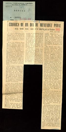 Recorte del diario Arriba con el artículo Crónica de un día de Menéndez Pidal, el de su 99 cumple...