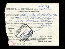 Recibo de envío certificado de libros a Salvador de Madariaga