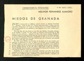 Melchor Fernández Almagro. Miedos de Granada