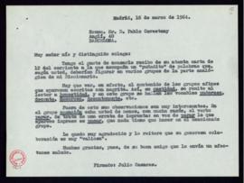 Copia sin firma de la carta de  Julio Casares a Pablo Cavestany en la que acusa recibo de la nuev...