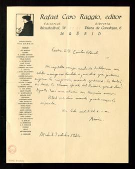 Carta de Azorín [José Martínez Ruiz] a Emilio Cotarelo para informarle de que, según su editor, p...