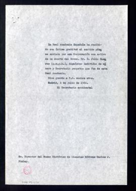 Copia del oficio del secretario accidental, Rafael Lapesa, al director del Museo Histórico de las...