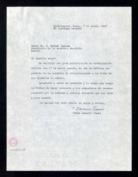 Carta de T. [Tomás] Navarro Tomás a Rafael Lapesa, secretario, en la que le confirma que ha recib...