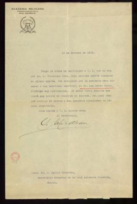 Oficio de V. [Victoriano] Salado Álvarez, secretario de la Academia Mexicana, a Emilio Cotarelo, ...