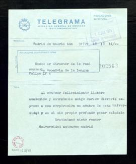 Telegrama de pésame de Gratiniano Nieto, rector de la Universidad Autónoma de Madrid, a Dámaso Al...
