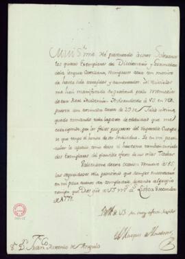Carta del marqués de Almodóvar en la que da cuenta de la presentación de los cuatro ejemplares de...