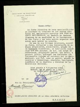 Carta de Juan B. Acevedo, secretario general de la Asociación de Escritores y Artistas Españoles,...