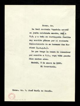 Copia sin firma del oficio del secretario a José María de Cossío de traslado del pésame de la Aca...