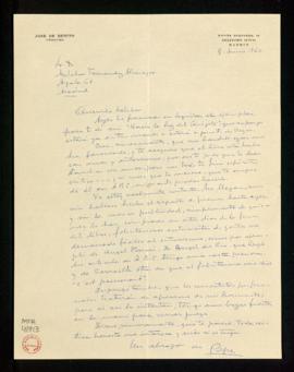 Carta de José de Benito a Melchor Fernández Almagro en la que le dice que ha firmado en Espasa un...