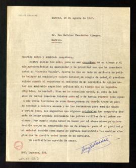 Carta de Felipe Sassone a Melchor Fernández Almagro en la que le agradece su crítica de Currita V...