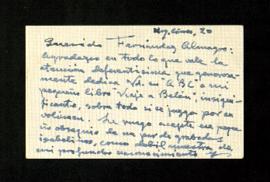 Tarjeta de Ramón Goy de Silva a Melchor Fernández Almagro en la que le agradece la atención que h...