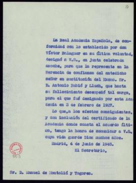 Copia sin firma del oficio del secretario a Manuel de Montoliú y Togores de traslado de su design...
