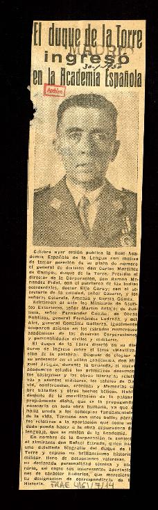 Recorte del diario Madrid con crónica titulada El duque de la Torre ingresó en la Academia Española
