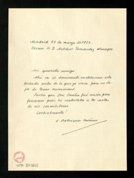 Carta de Antonio Rodríguez-Moñino a Melchor Fernández Almagro con la que le manda un documento ca...