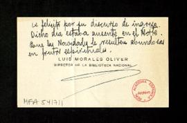 Tarjeta de Luis Morales Oliver, director de la Biblioteca Nacional, a Melchor Fernández Almagro c...