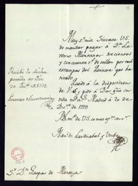 Orden de Manuel de Lardizábal del pago a Lorenzo Muntaner de 350 reales de vellón por el estampad...