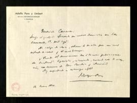 Carta de Adolfo Pons y Umbert a Julio Casares para solicitarle las últimas publicaciones de la Ac...