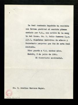 Copia del oficio del secretario accidental, Rafael Lapesa, a Avelino Herrero Mayor de gratitud po...