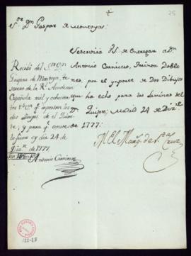 Orden del marqués de Santa Cruz a Gaspar de Montoya del pago a Antonio Carnicero de 30 doblones p...