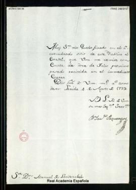 Carta de Jacinto Pazuengos, gobernador de Lérida,  a Manuel de Lardizábal [y Uribe] en la que le ...