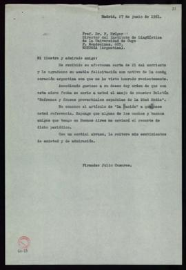 Copia sin firma de la carta de Julio Casares a Fritz Krüger en la que le agradece la felicitación...