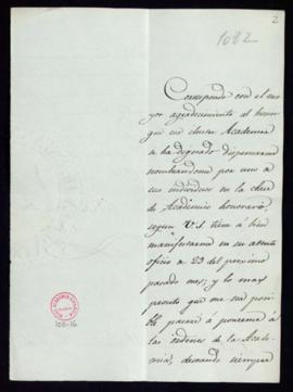 Carta de Pedro María de Olive al secretario [Francisco Antonio González] por la que agradece su n...