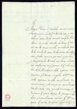 Carta de Tomás de Montes Corral a Vincencio Squarzafigo en la que da las gracias a la Academia po...