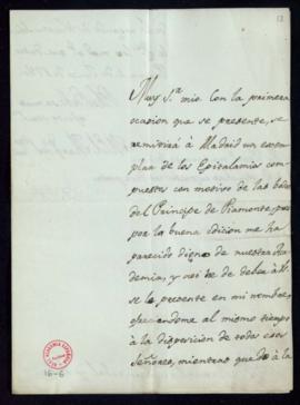 Carta del marqués de Santa Cruz a Manuel de Lardizábal y Uribe en la que le comunica que le remit...