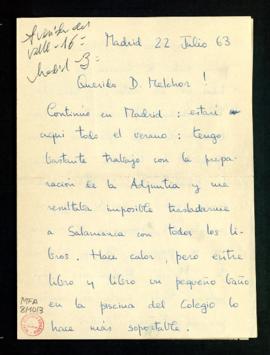 Carta de Elías Díaz a Melchor Fernández Almagro en la que le dice que estará todo el verano en Ma...