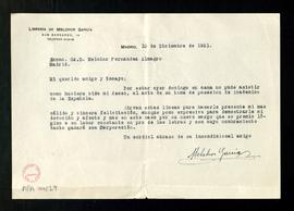 Carta de Melchor García a Melchor Fernández Almagro en la que se disculpa por no haber asistido a...