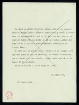 Minuta del diploma de Enrique Larreta de académico correspondiente extranjero en Buenos Aires