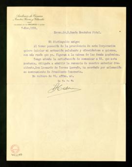 Carta de Blas Cabrera a Ramón Menéndez Pidal en la que le comunica que ha tomado posesión como di...