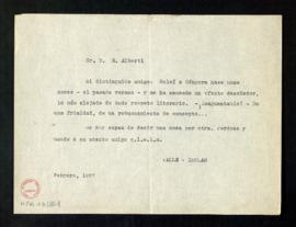 Copia de la carta de Ramón del Valle Inclán a Rafael Alberti en la que le confiesa que la relectu...